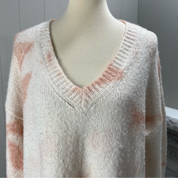 Anthropologie Maggie Tie Dye Cream Pink V-Neck Bell Sleeve Boxy Fit Sweater XS - Picture 2 of 7